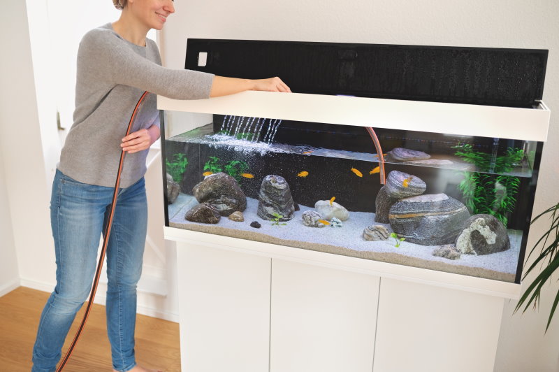 Frau mit Aquariumschlauch